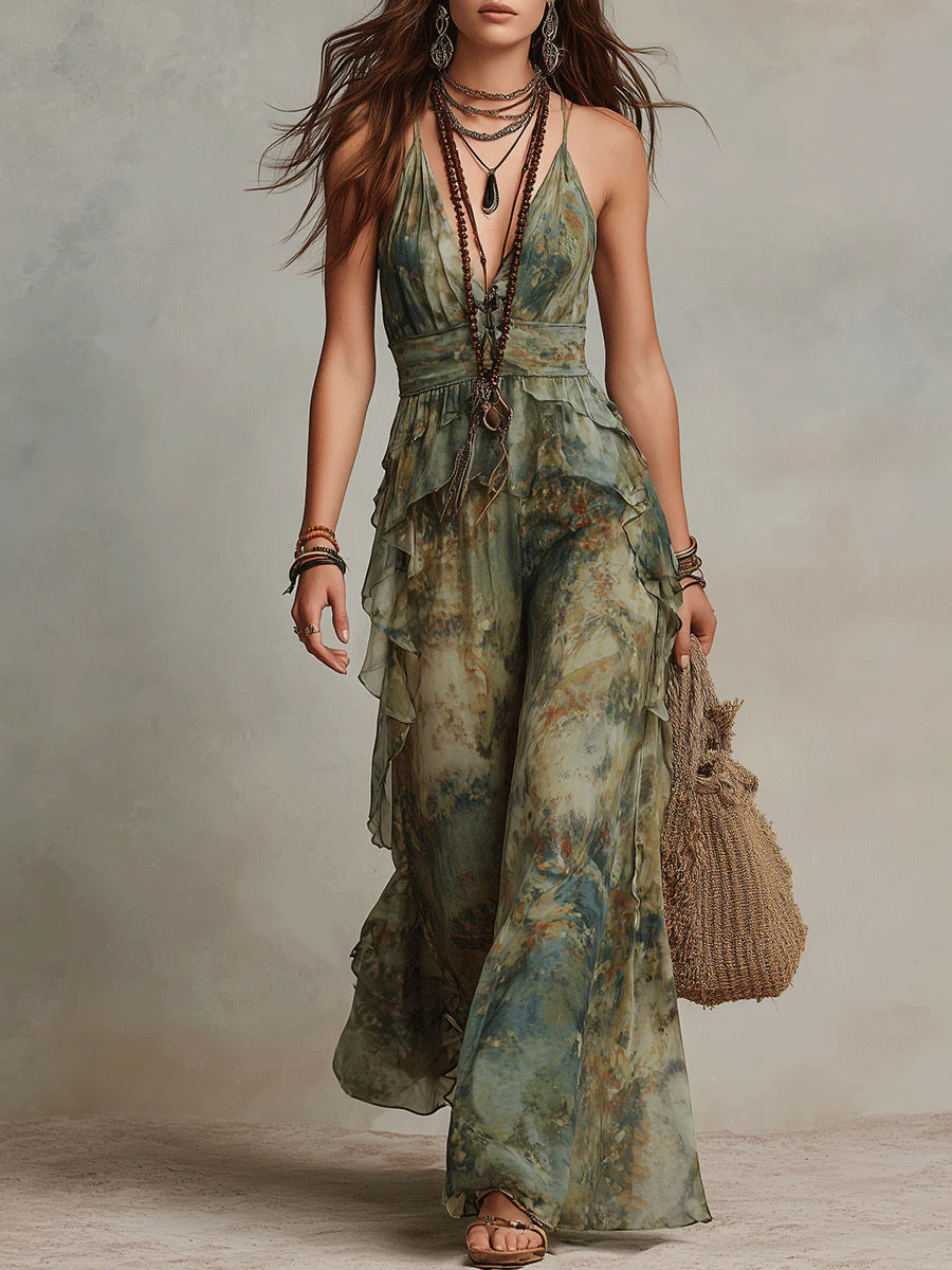 Green Watercolor Print Tiered Ruffle Chiffon Halter Neck Jumpsuit