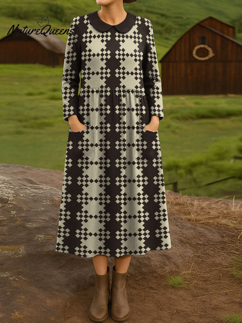 Geometric Vertical Square Decorative Pattern Women's Casual Peter Pan Collar Long Sleeve Dress