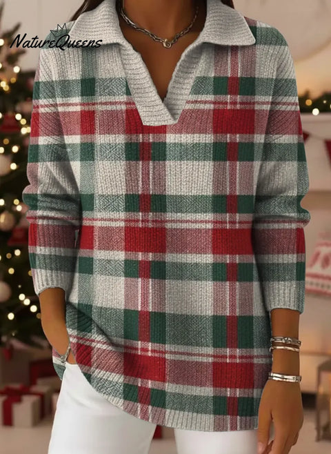 Red And Green Stripes Print Lapel Casual Knit Sweater