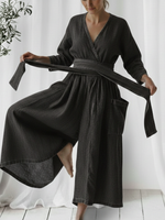 Casual Loose-fitting Denim Jumpsuit With Waist Tie