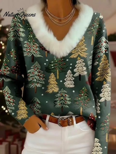 Christmas Tree Print White Faux Rabbit Fur V-neck Pullover