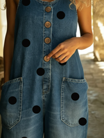 Artistic Polka Dot Print Button-up Denim Jumpsuit