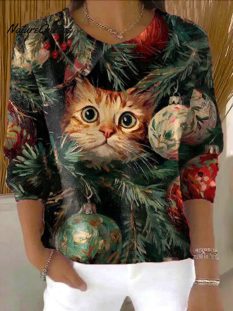 Women's  Cute Christmas Cat Print Casual Peter Pan Collar 3/4 Sleeve Sweater
