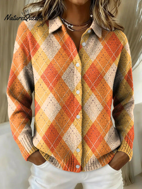 Women's Orange Plaid Printed Collared Sweater