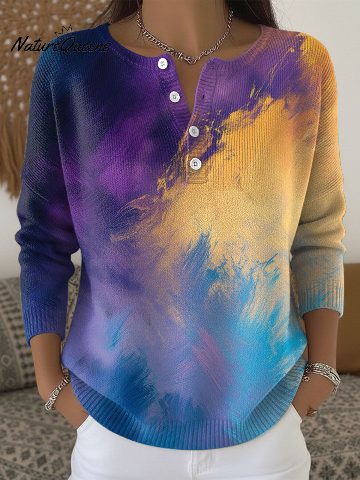 Women's Geometric Abstract Gradient Pattern Art Print Buttoned Cardigan Sweater