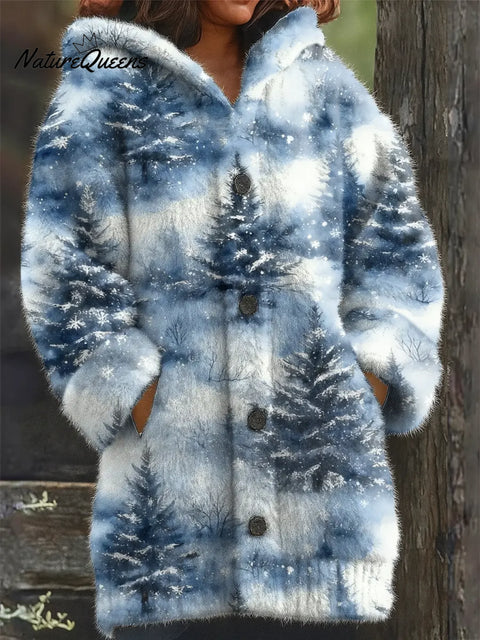 Women's Christmas Tree Pattern Art Print Casual Fleece Coat