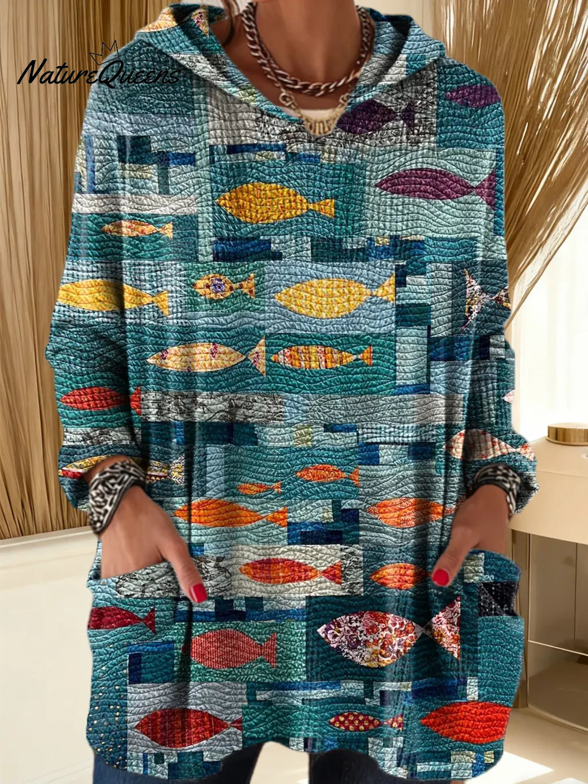 Women's Fish Pattern Art Print Hooded Casual Knitted Sweater