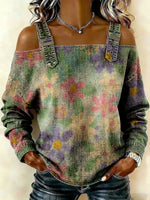 Women‘s Vintage Flowers Pattern Art Print Casual Cotton Denim Shirt