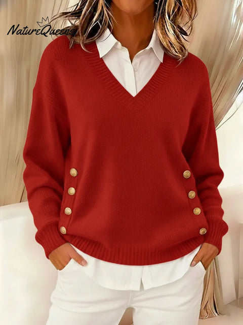 Women's Comfortable V-neck Metal Buckle Pullover Knit Sweater