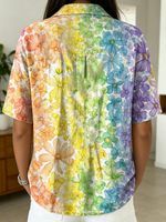 Artistic Rainbow Floral Print Short-sleeve Polo Shirt — Half-button Placket Design