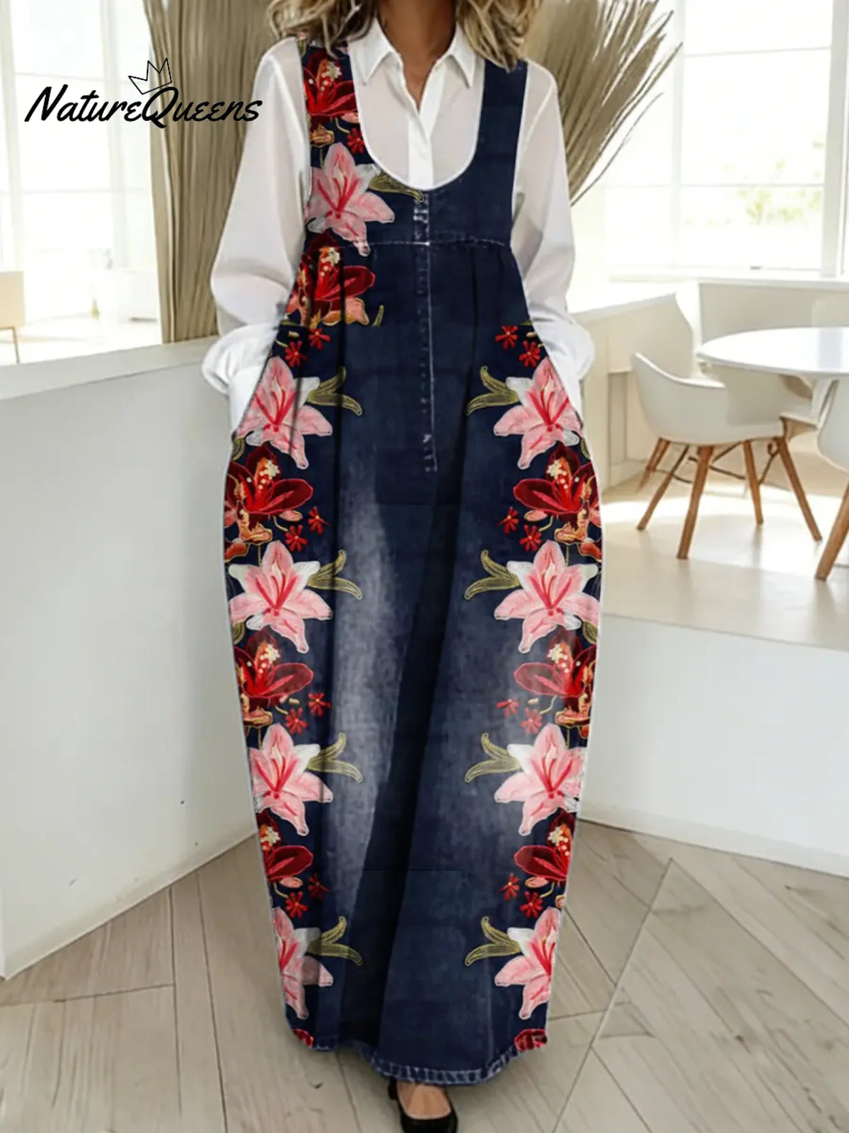 Women's Vintage Flower Pattern Art Print Casual Cotton Denim Dress