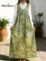 Women's Retro Splicing Colorful Flowers Pattern Art Print Casual Cotton Denim Dress