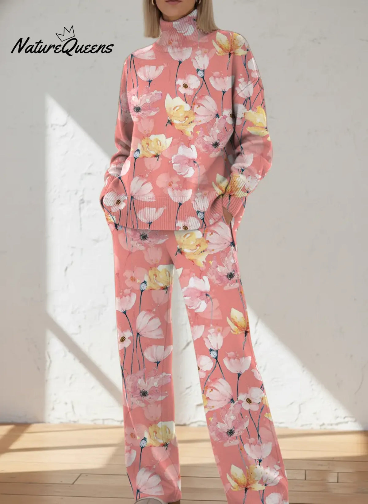 Women's Floral Pattern Art Print Casual Knitted Cotton Top Pants Suit