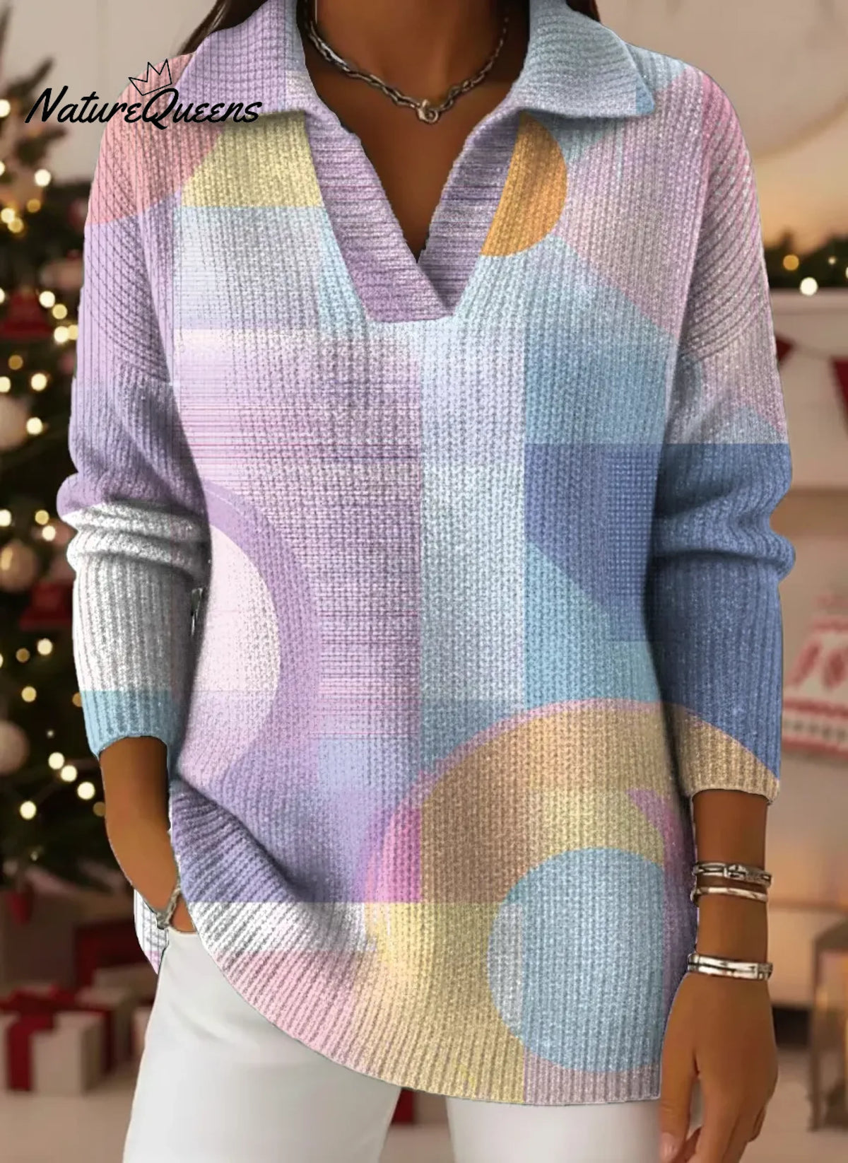 Geometry Print Lapel Casual Knit Sweater