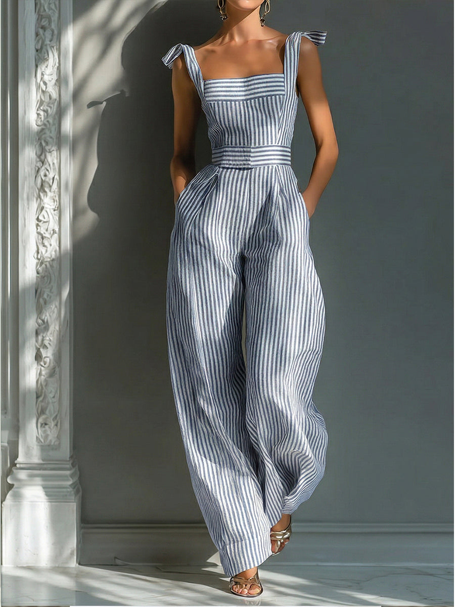 Stylish Striped Linen And Cotton Overalls