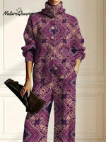 Women's Vintage Pattern Art Print Casual Cotton Knitted Suits