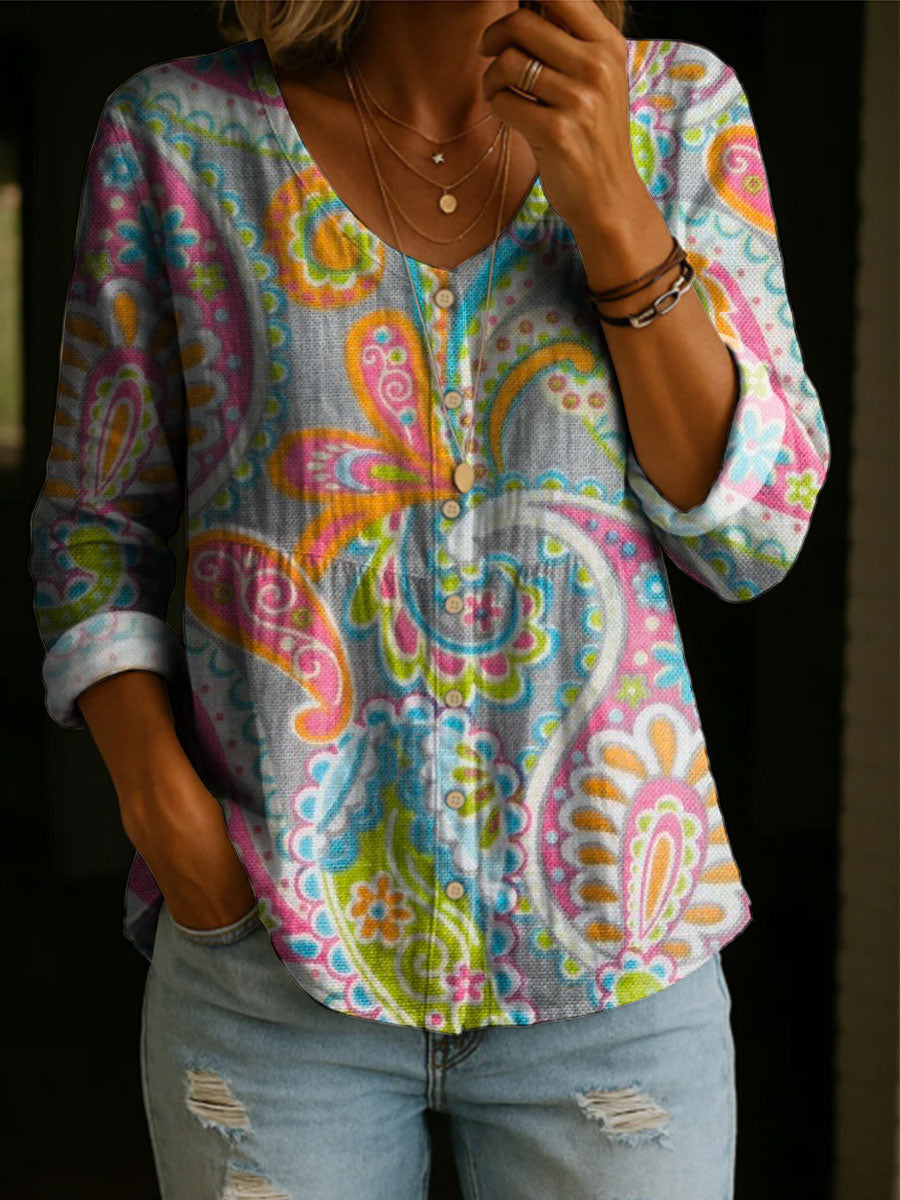 Women's Floral Pattern Art Print Casual Cotton Shirt