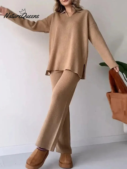 Women's Solid Color V-Neck Long Sleeve Casual Loose Knit Top and High Waist Knit Wide Leg Pants Set