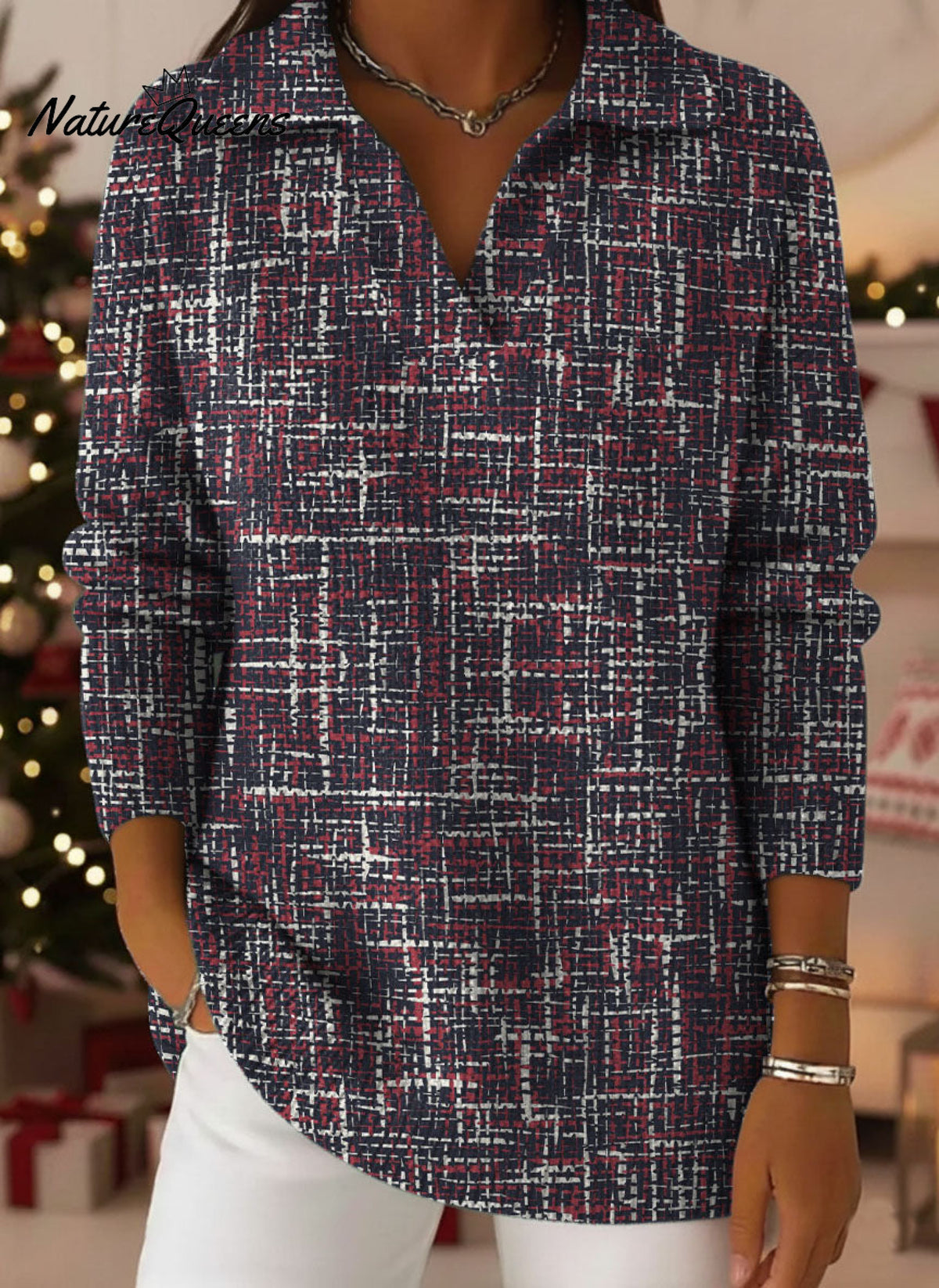 Women's Geometric Short-line Decorative Patterns Casual Shirt Collar Long Sleeve Sweater