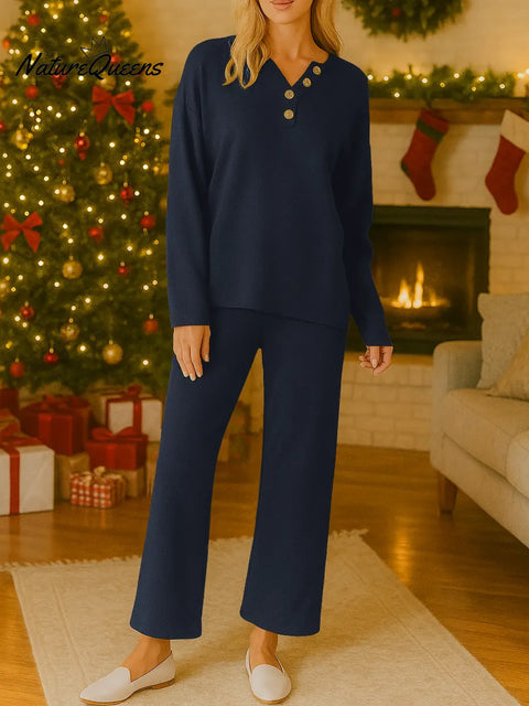 Women's Solid Color V-Neck Long Sleeve Casual Loose Sweatshirt and High-Waisted Wide-Leg Pants Set