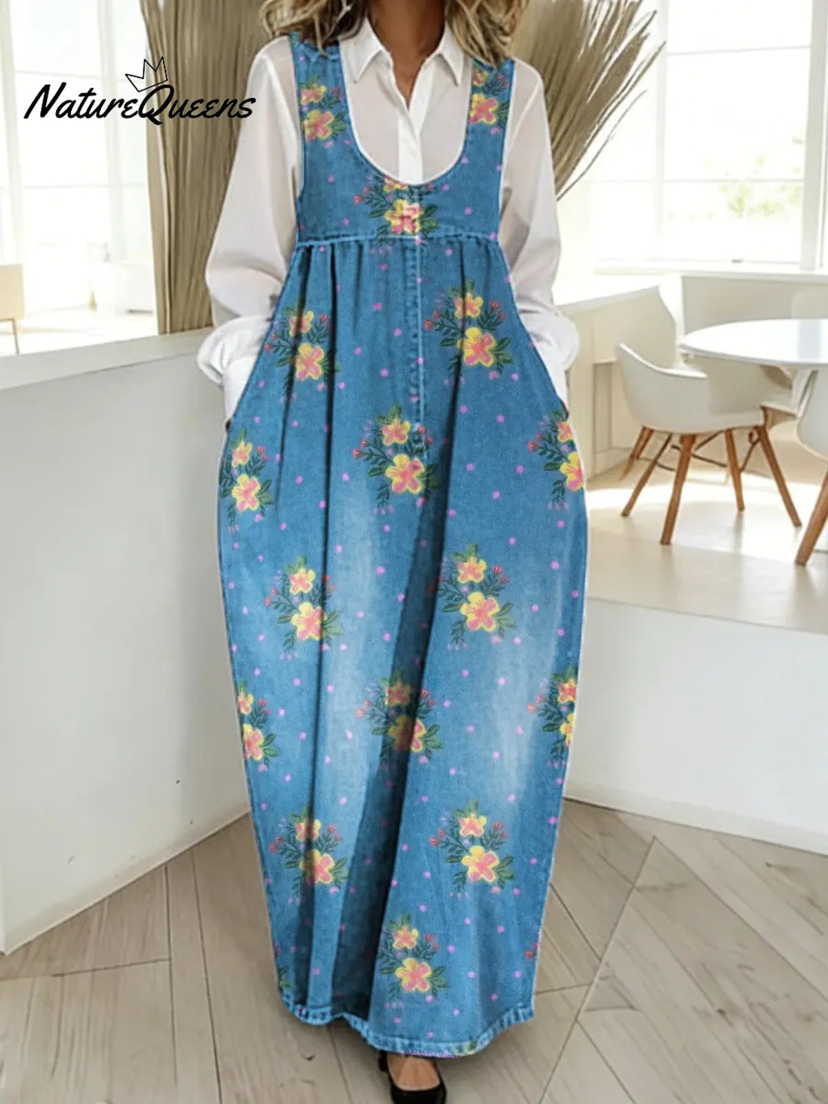 Women's Floral Pattern Art Print Casual Cotton Denim Dress