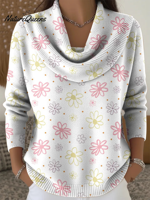 Women's Colorful Simple Small Flowers Print Cowl Neck Sweater