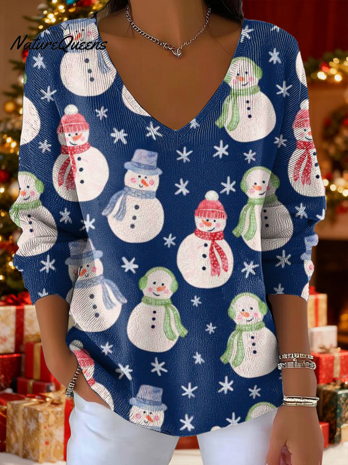 Women's Christmas Snowman Gradient Snowflake Pattern Art Print V-neck Solid Color Loose Shiny Sweater