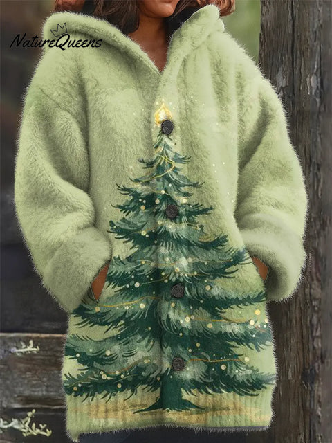 Women's Christmas Tree Pattern Art Print Casual Fleece Coat