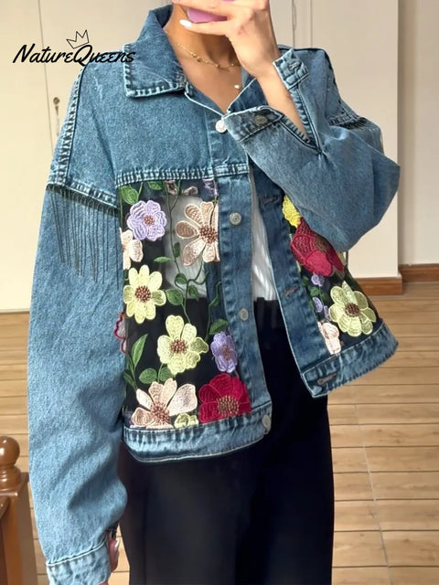 Women's Casual Lace-Patch Denim Jacket