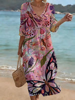Botanical & Animal Print Cutout V-neck Vacation Dress