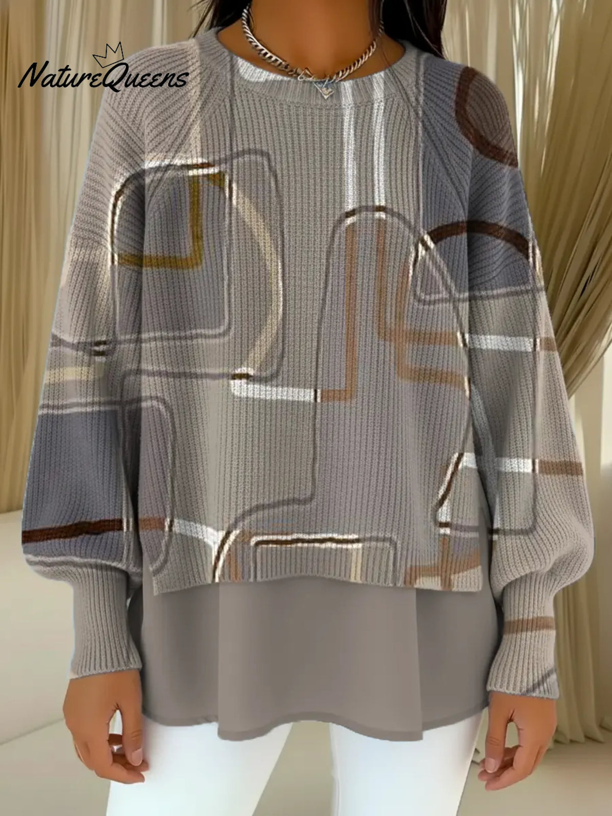 Women's VintageGeometricArt Print Casual Knitted Sweater