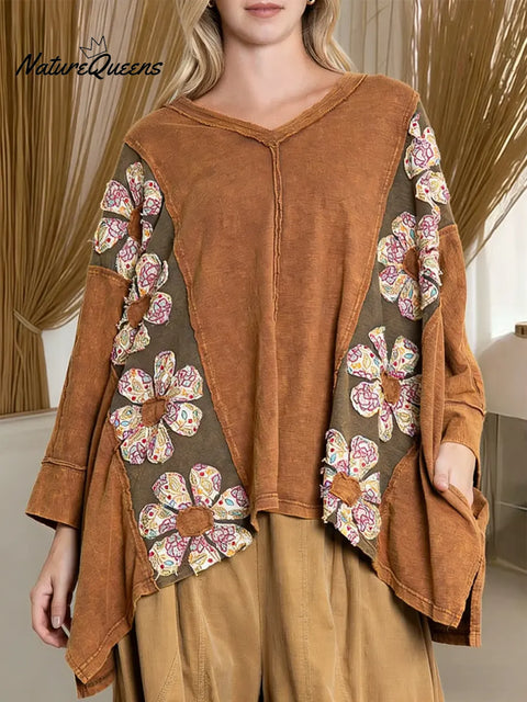 Women's Color-blocked Print V-neck Long-sleeve Casual Loose Cotton Top