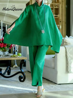 Women's Solid Color Stand-up Collar Batwing Sleeve Casual Loose Cotton And Linen Top And High-waisted Loose Wide-leg Pants Set