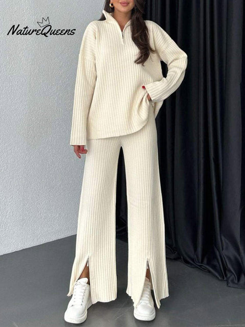Women's Striped Solid Color Zipper Casual Knit Suit