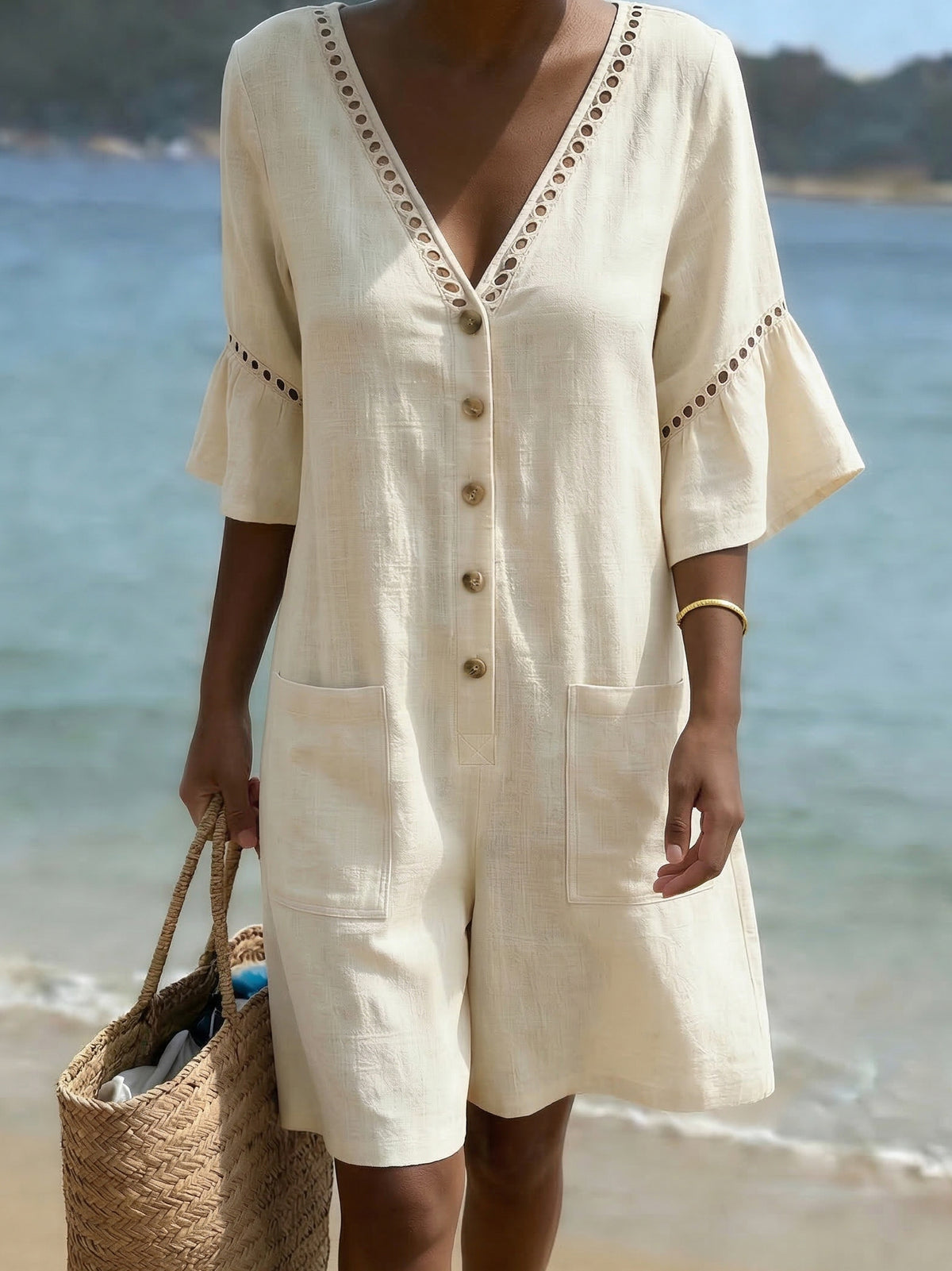 Retro Loose-fit Cutout Lace Cotton-linen Jumpsuit