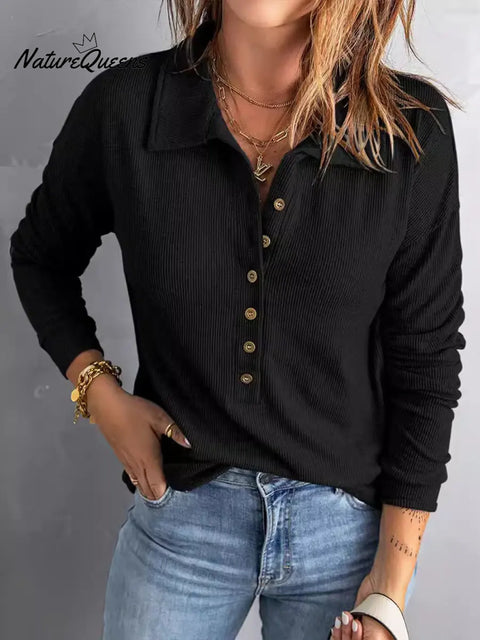 Women's Solid Color Lapel Long Sleeve Casual Loose Knit Top