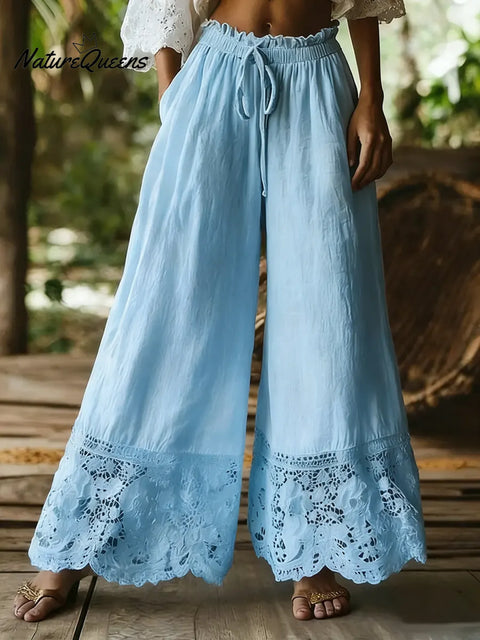 Women's Solid Color High-waisted Drawstring Wide-leg Pants With Cotton And Linen Lace Trim