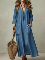 Casual V-neck Patch Pockets Denim Dress