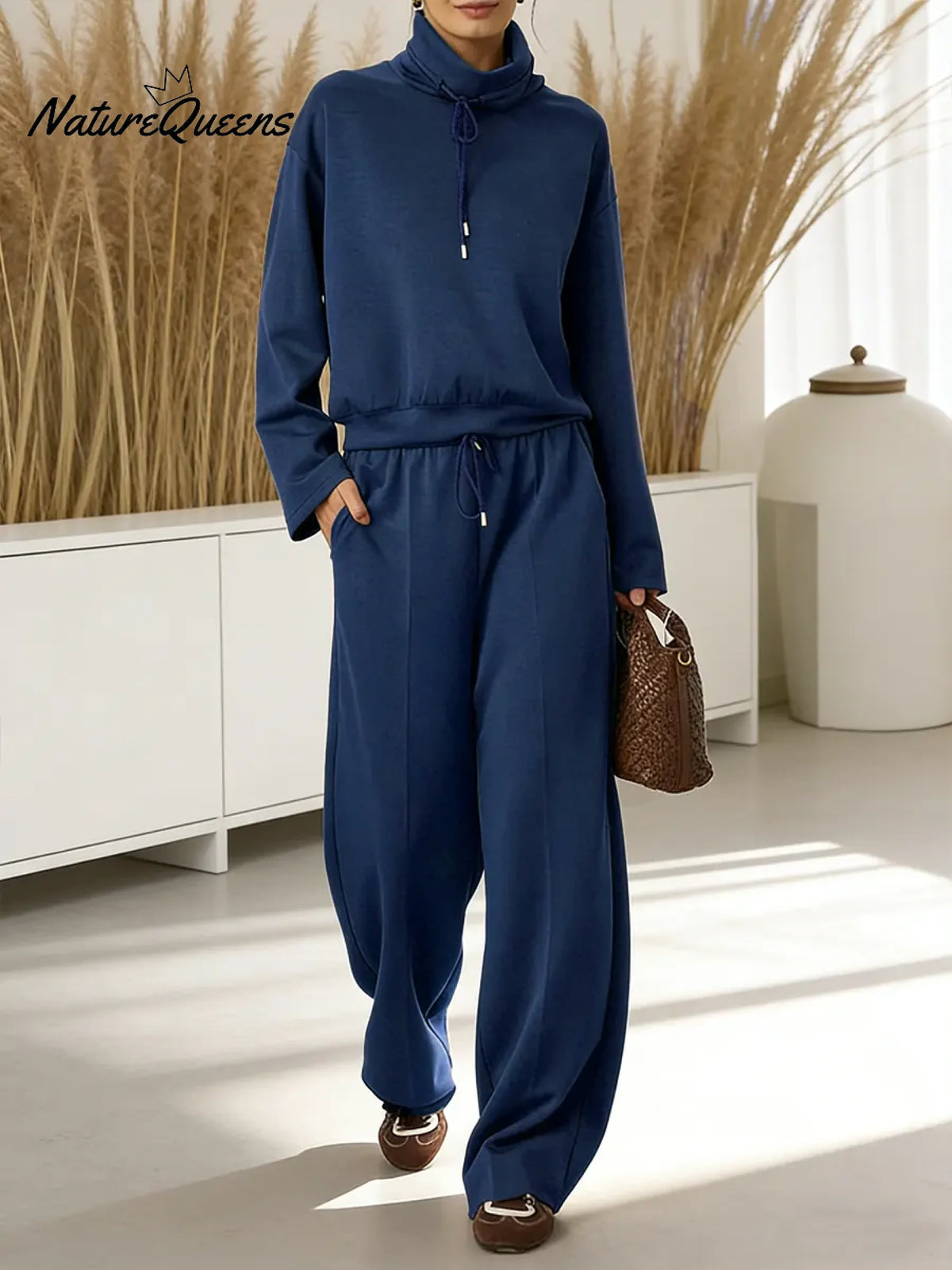 Women's Solid Color High-neck Drawstring Long-sleeve Casual Loose-fitting Sweatshirt