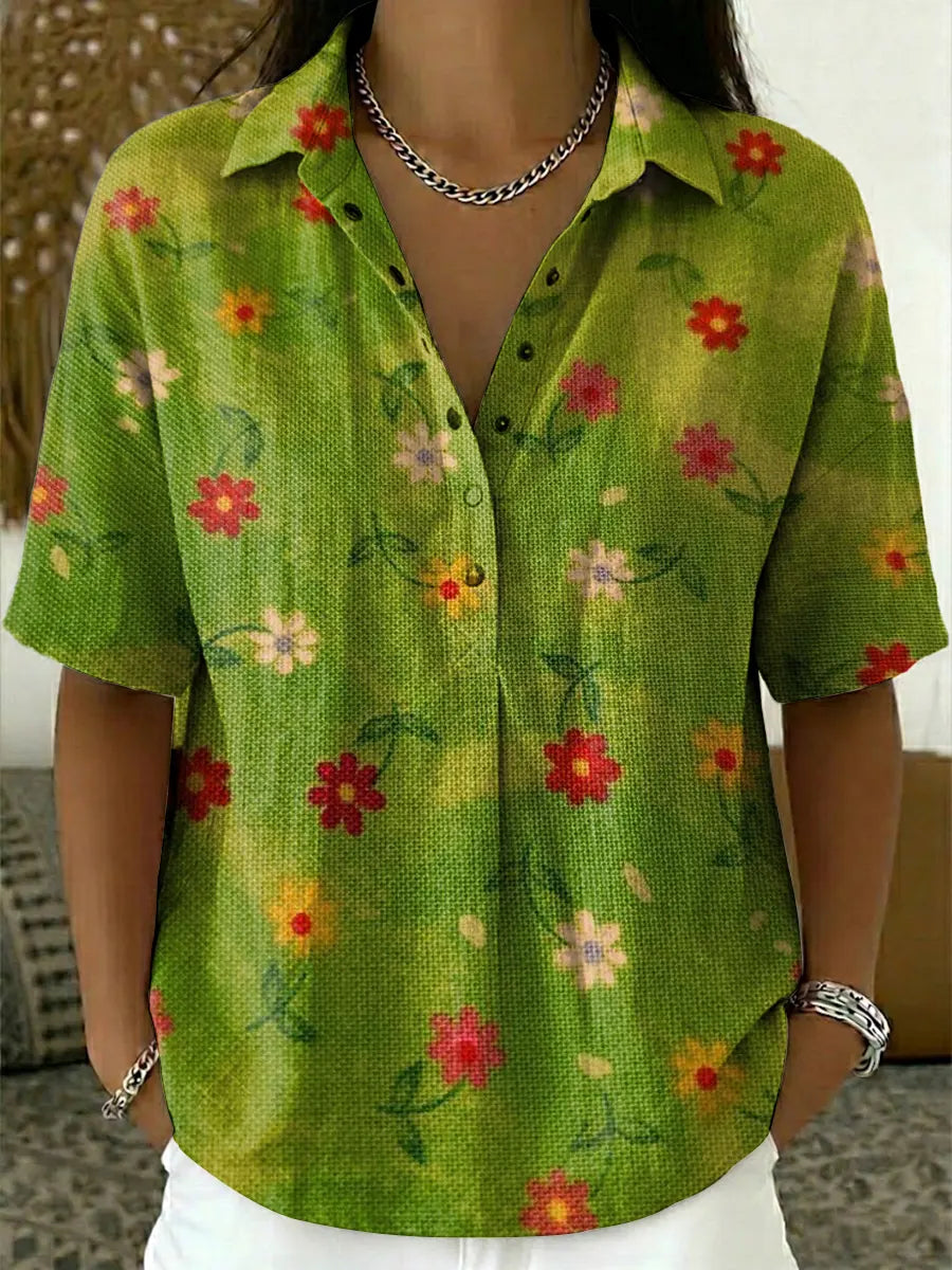 Women's Vintage Floral Pattern Art Print Casual Cotton Linen Shirt
