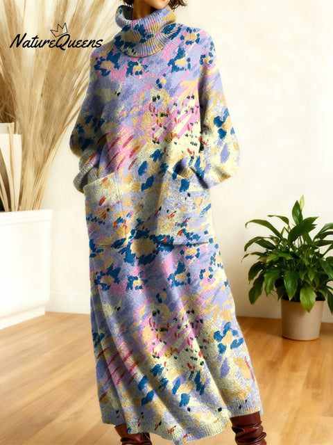 Women's Retro Floral Flowers High-neck Long-sleeve Casual Loose Knit Dress