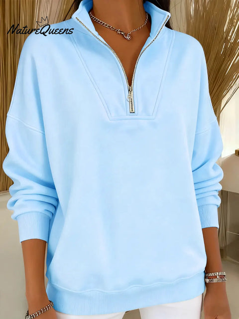 Women's Solid Color Cardigan Collar Casual Loose Pullover Sweatshirt