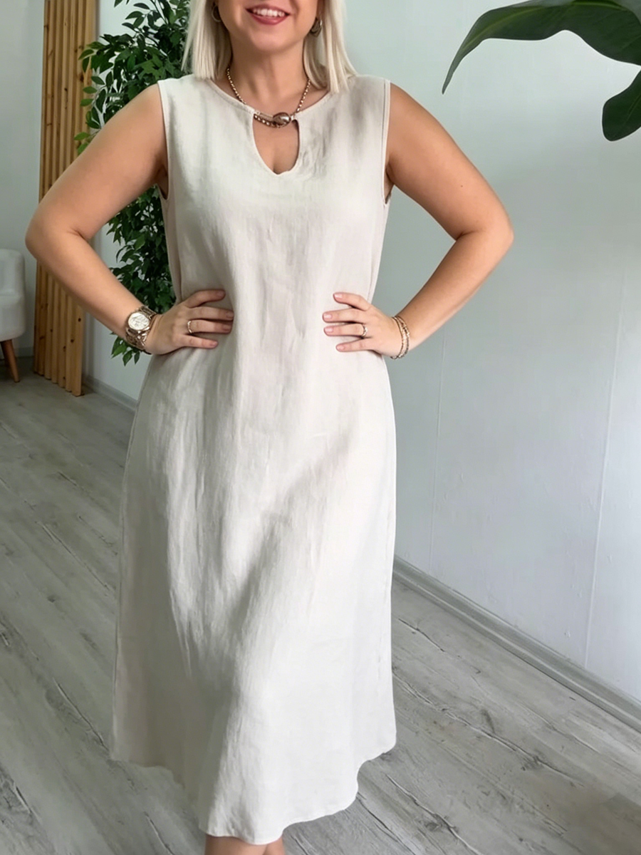 Elegant Beaded-collar Cotton-linen Dress