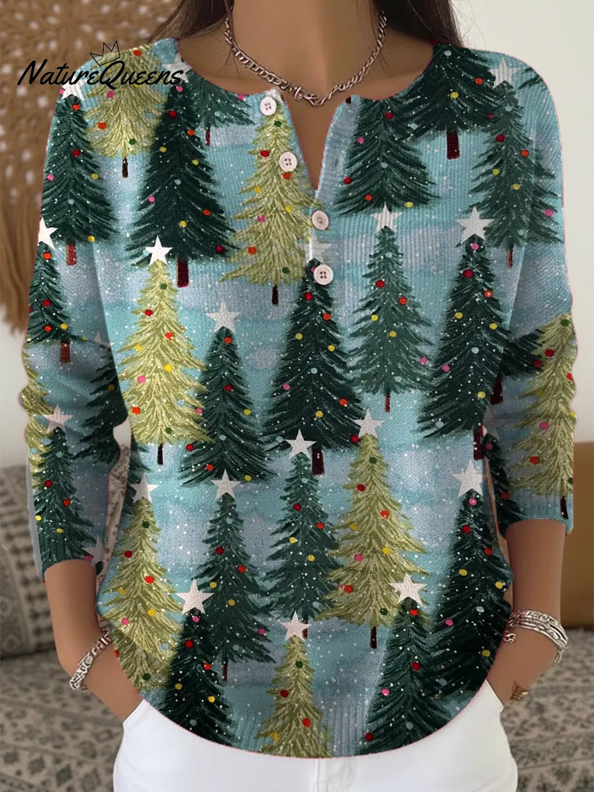 Women's Vintage Christmas Tree Art Print Buttoned Cardigan Sweater