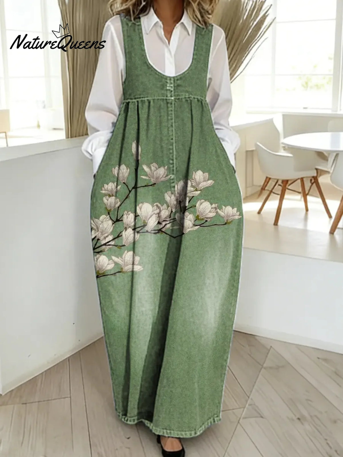 Women's Floral Pattern Art Print Casual Cotton Denim Dress