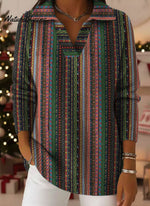 Vintage Striped Pattern Women's Casual Shirt Collar Long Sleeve Sweater