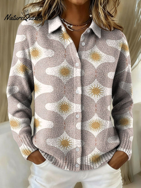 Sun Totem Geometric Wave Pattern Casual Shirt Collar Long Sleeve Sweater