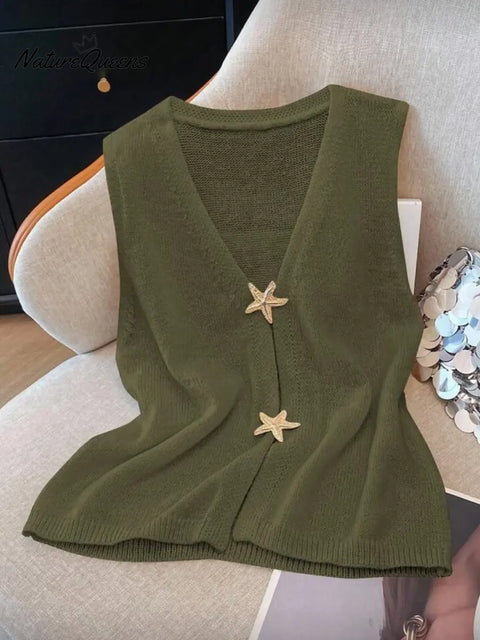 Women's Solid Color V-Neck Sleeveless Casual Loose-fitting Knit Cardigan