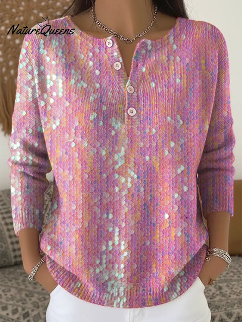 Women's Pink Shiny Art Print Buttoned Cardigan Sweater