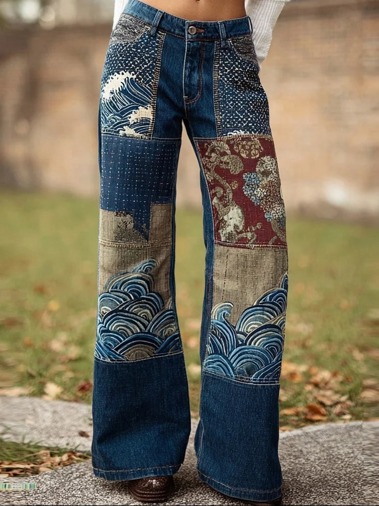 Women's Vintage Pattern Art Print Casual Cotton Denim Jeans